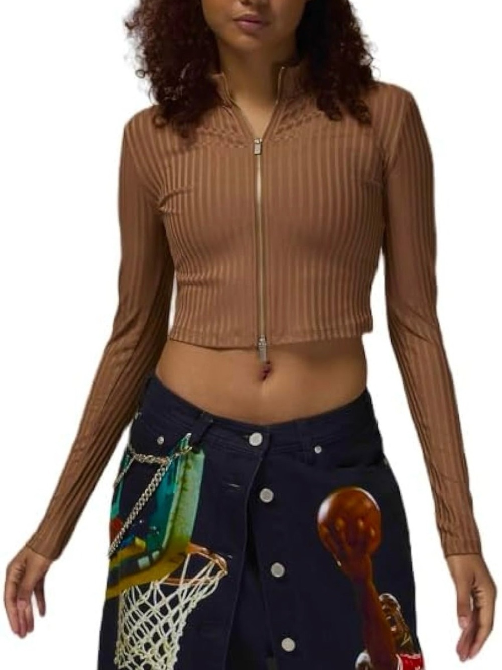 Jordan Women's Long-Sleeve Cropped Full Zip Top, Archaeo Brown, Large